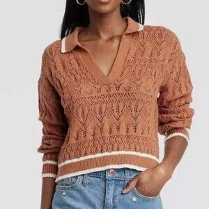 Universal Thread Collared Pullover Crochet Sweater | Rust Brown